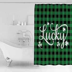 Check Plaid St Patrick"s Day Lucky Stall Shower Curtain Shamrock Clover Leaf New